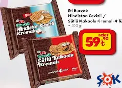 ETİ BURÇAK HİNDİSTAN CEVİZLİ / SÜTLÜ KAKAOLU KREMALI BİSKÜVİ 4'LÜ 400 G
